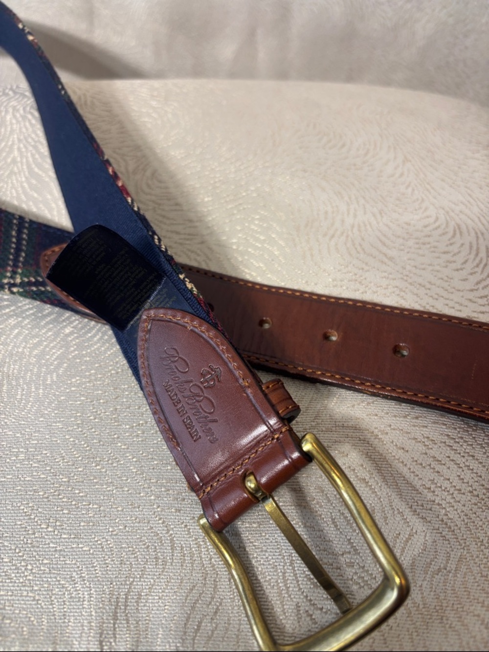 Brooks Brothers Brown Leather & Navy Fabric Men's Belt with Brass Buckle 0121